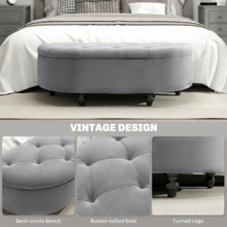 HOMCOM Semi-Circle Bed End Bench Ottoman w/ Storage Tufted Upholstered Accent Seat Footrest Stool w/ Rubberwood Legs for Bedroom & Entryway - Aosom UK - thumbnail 6