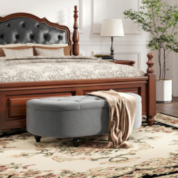 HOMCOM Semi-Circle Bed End Bench Ottoman w/ Storage Tufted Upholstered Accent Seat Footrest Stool w/ Rubberwood Legs for Bedroom & Entryway - Aosom UK - thumbnail 2