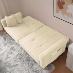 Sherpa Convertible Sofa Bed with 2 Side Pockets, Adjustable Backrest, Golden Legs, Elegant Loveseat for Bedroom, 176L x 64W x 75H cm, Beige - Aosom.UK - thumbnail 7