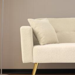 Sherpa Convertible Sofa Bed with 2 Side Pockets, Adjustable Backrest, Golden Legs, Elegant Loveseat for Bedroom, 176L x 64W x 75H cm, Beige - Aosom.UK - thumbnail 8