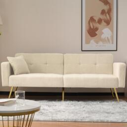 Sherpa Convertible Sofa Bed with 2 Side Pockets, Adjustable Backrest, Golden Legs, Elegant Loveseat for Bedroom, 176L x 64W x 75H cm, Beige - Aosom.UK - thumbnail 1