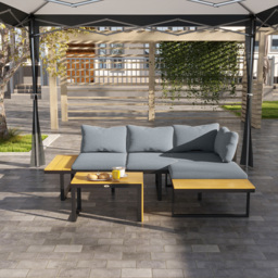 Outsunny 4-Seater Garden Sofa Set Patio Conversation Set w/ Padded Cushions, Wood Grain Plastic Top Table and Side Panel, Dark Grey - thumbnail 9