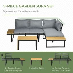 Outsunny 4-Seater Garden Sofa Set Patio Conversation Set w/ Padded Cushions, Wood Grain Plastic Top Table and Side Panel, Dark Grey - thumbnail 4