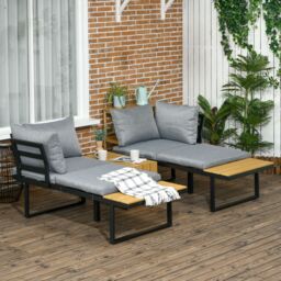 Outsunny 4-Seater Garden Sofa Set Patio Conversation Set w/ Padded Cushions, Wood Grain Plastic Top Table and Side Panel, Dark Grey - thumbnail 2