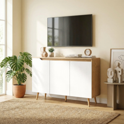 HOMCOM Sideboard Storage Cabinet, Kitchen Cupboard with 3 Doors, 2 Adjustable Shelves and 5 Rubberwood Legs, White and Oak - thumbnail 8