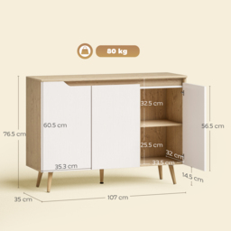 HOMCOM Sideboard Storage Cabinet, Kitchen Cupboard with 3 Doors, 2 Adjustable Shelves and 5 Rubberwood Legs, White and Oak - thumbnail 3
