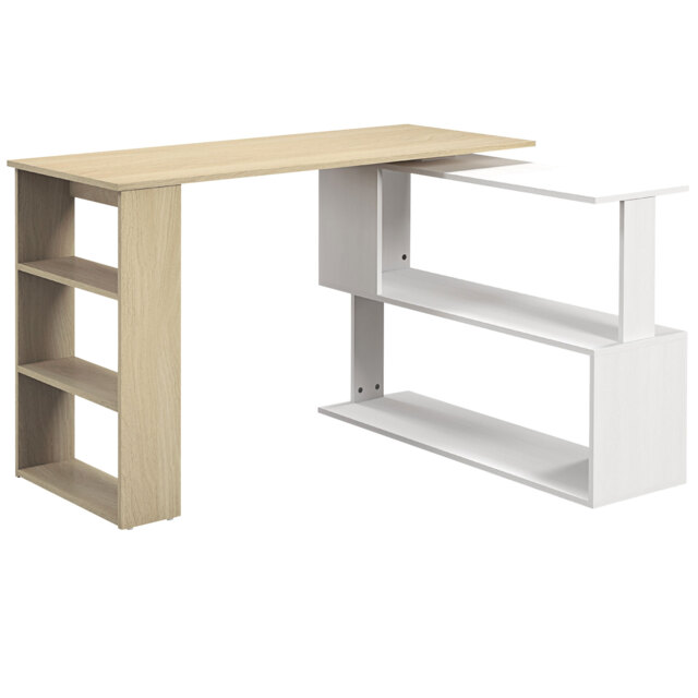 HOMCOM L-shaped desk modular computer desk built-in bookcase + 3-tier shelf white and natural wood - image 1