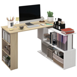 HOMCOM L-shaped desk modular computer desk built-in bookcase + 3-tier shelf white and natural wood - thumbnail 6