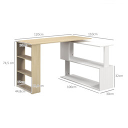 HOMCOM L-shaped desk modular computer desk built-in bookcase + 3-tier shelf white and natural wood - thumbnail 3