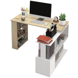 HOMCOM L-shaped desk modular computer desk built-in bookcase + 3-tier shelf white and natural wood - thumbnail 7
