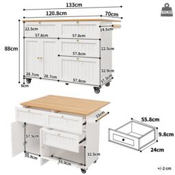 Rolling Mobile Kitchen Island with Drawers, Storage Cabinet, Multi-Functional Utility Cart with Drop Leaf, 133L x 70W x 88H cm, White - Aosom UK - thumbnail 3