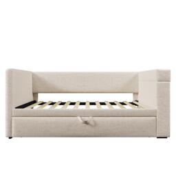 3ft Upholstered Daybed With Cup Holders, 3 USB and Type‑C Charging Ports, Single Sofa Bed for Compact Room, 207L x 98W x 74H cm, Beige - Aosom UK - thumbnail 2