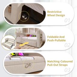3ft Upholstered Daybed With Cup Holders, 3 USB and Type‑C Charging Ports, Single Sofa Bed for Compact Room, 207L x 98W x 74H cm, Beige - Aosom UK - thumbnail 7