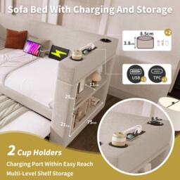3ft Upholstered Daybed With Cup Holders, 3 USB and Type‑C Charging Ports, Single Sofa Bed for Compact Room, 207L x 98W x 74H cm, Beige - Aosom UK - thumbnail 6
