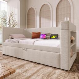 3ft Upholstered Daybed With Cup Holders, 3 USB and Type‑C Charging Ports, Single Sofa Bed for Compact Room, 207L x 98W x 74H cm, Beige - Aosom UK - thumbnail 9