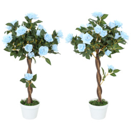Outsunny Set of 2 Artificial Plants White Rose Floral in Pot, Fake Plants for Home Indoor Outdoor Decor, 90cm, Light Blue - thumbnail 1