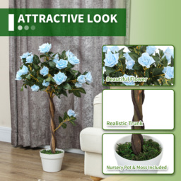 Outsunny Set of 2 Artificial Plants White Rose Floral in Pot, Fake Plants for Home Indoor Outdoor Decor, 90cm, Light Blue - thumbnail 5