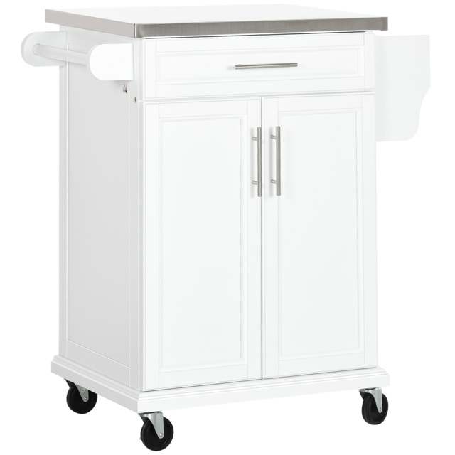 HOMCOM White Wooden Freestanding Kitchen Island on Wheels, Serving Cart Storage Trolley w/ Stainless Steel Top, Drawer, Side Handle & Rack - Aosom UK - image 1