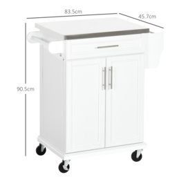 HOMCOM White Wooden Freestanding Kitchen Island on Wheels, Serving Cart Storage Trolley w/ Stainless Steel Top, Drawer, Side Handle & Rack - Aosom UK - thumbnail 3