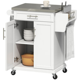 HOMCOM White Wooden Freestanding Kitchen Island on Wheels, Serving Cart Storage Trolley w/ Stainless Steel Top, Drawer, Side Handle & Rack - Aosom UK - thumbnail 1