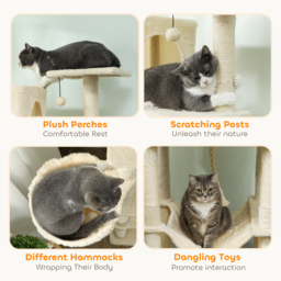 PawHut 202cm Cat Tree with 6 Scratching Posts, 2 Hammocks, 2 Condos, 2 Perches, Pompoms, for Cats to Rest and Play, Beige - thumbnail 6