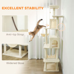 PawHut 202cm Cat Tree with 6 Scratching Posts, 2 Hammocks, 2 Condos, 2 Perches, Pompoms, for Cats to Rest and Play, Beige - thumbnail 7