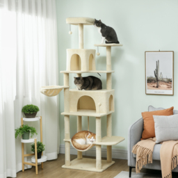 PawHut 202cm Cat Tree with 6 Scratching Posts, 2 Hammocks, 2 Condos, 2 Perches, Pompoms, for Cats to Rest and Play, Beige - thumbnail 2