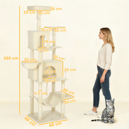 PawHut 202cm Cat Tree with 6 Scratching Posts, 2 Hammocks, 2 Condos, 2 Perches, Pompoms, for Cats to Rest and Play, Beige - thumbnail 3