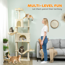 PawHut 202cm Cat Tree with 6 Scratching Posts, 2 Hammocks, 2 Condos, 2 Perches, Pompoms, for Cats to Rest and Play, Beige - thumbnail 4