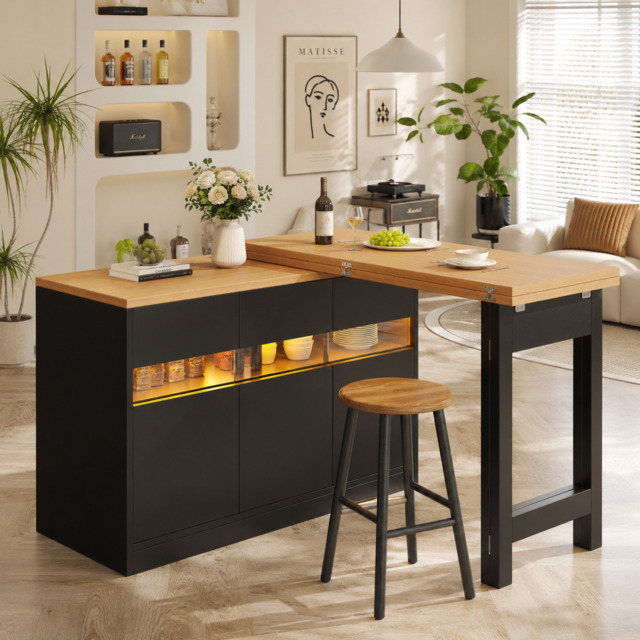 Extendable Bar Table with App-Controlled LED Lighting, Modern Kitchen Island with 360° Swivel Function, 120-180L x 40W x 71.5H cm, Black - Aosom UK - image 1
