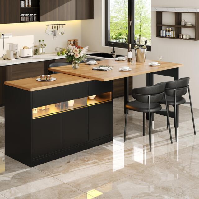 Extendable Bar Table with App-Controlled LED Lighting, Modern Kitchen Island with 360° Swivel Function, 120-180L x 40W x 71.5H cm, Black - Aosom UK - image 1