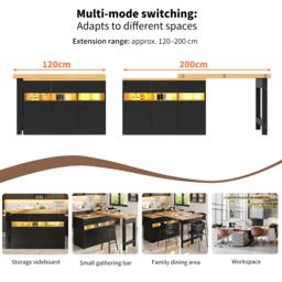 Extendable Bar Table with App-Controlled LED Lighting, Modern Kitchen Island with 360° Swivel Function, 120-180L x 40W x 71.5H cm, Black - Aosom UK - thumbnail 7