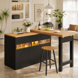 Extendable Bar Table with App-Controlled LED Lighting, Modern Kitchen Island with 360° Swivel Function, 120-180L x 40W x 71.5H cm, Black - Aosom UK