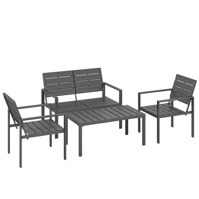 Outsunny 4 Piece Garden Furniture Set, Outdoor Sofa Set with HDPE Slatted Loveseat Armchairs Coffee Table Metal Frame, Dark Grey - image 1