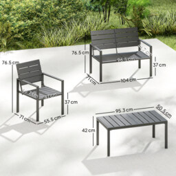 Outsunny 4 Piece Garden Furniture Set, Outdoor Sofa Set with HDPE Slatted Loveseat Armchairs Coffee Table Metal Frame, Dark Grey - thumbnail 3