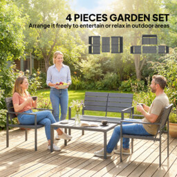 Outsunny 4 Piece Garden Furniture Set, Outdoor Sofa Set with HDPE Slatted Loveseat Armchairs Coffee Table Metal Frame, Dark Grey - thumbnail 7