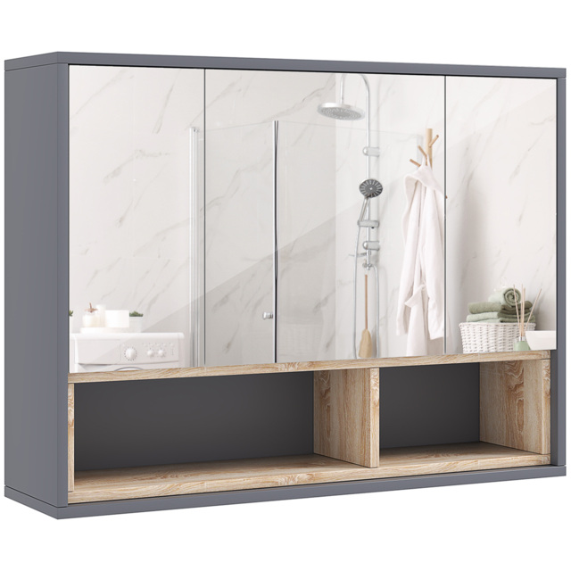 HOMCOM Bathroom Mirror Cabinet, Wall Mounted Bathroom Cabinet with Mirror, 3 Doors and Cupboards, Grey - image 1