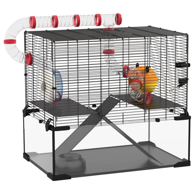 PawHut Gerbil Cage Dwarf Hamster Cage, with Deep Glass Bottom, Tunnels, Hut, Exercise Wheel, 60 x 40 x 57cm - Aosom UK - image 1