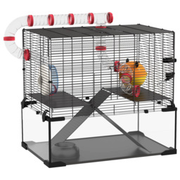 PawHut Gerbil Cage Dwarf Hamster Cage, with Deep Glass Bottom, Tunnels, Hut, Exercise Wheel, 60 x 40 x 57cm - Aosom UK - thumbnail 1