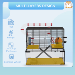PawHut Gerbil Cage Dwarf Hamster Cage, with Deep Glass Bottom, Tunnels, Hut, Exercise Wheel, 60 x 40 x 57cm - Aosom UK - thumbnail 5