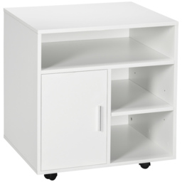 HOMCOM Mobile Printer Stand with Multiple Storage, Office Desk Side Unit on Wheels, Modern Design, 60L x 50W x 65.5H cm, White - Aosom UK