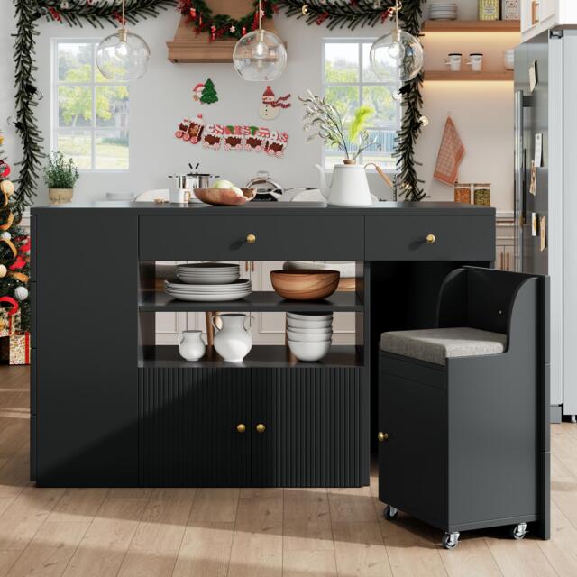 Adjustable Kitchen Island with 2 Stools, 6-Drawer and Generous worktop, Versatile Sideboard with Open Shelves, 140L x 40W x 89H cm, Black - Aosom UK - image 1