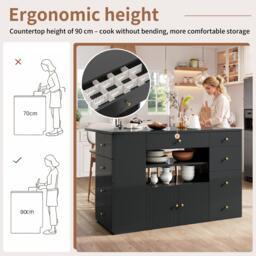 Adjustable Kitchen Island with 2 Stools, 6-Drawer and Generous worktop, Versatile Sideboard with Open Shelves, 140L x 40W x 89H cm, Black - Aosom UK - thumbnail 6