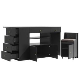 Adjustable Kitchen Island with 2 Stools, 6-Drawer and Generous worktop, Versatile Sideboard with Open Shelves, 140L x 40W x 89H cm, Black - Aosom UK - thumbnail 2