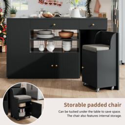 Adjustable Kitchen Island with 2 Stools, 6-Drawer and Generous worktop, Versatile Sideboard with Open Shelves, 140L x 40W x 89H cm, Black - Aosom UK - thumbnail 5