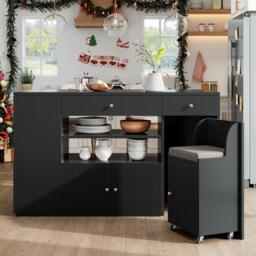 Adjustable Kitchen Island with 2 Stools, 6-Drawer and Generous worktop, Versatile Sideboard with Open Shelves, 140L x 40W x 89H cm, Black - Aosom UK