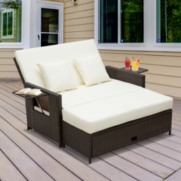 Outsunny 2 Seater Assembled Garden Patio Outdoor Rattan Furniture Sofa Sun Lounger Daybed with Fire Retardant Sponge - Brown - Aosom UK - thumbnail 2