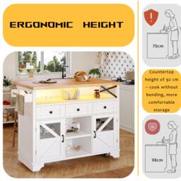 Multifunctional Kitchen Cart with 3 Drawers and 2 Glass-Front Doors, Mobile Kitchen Island with Drop-Leaf Table, 120L x 71W x 98H cm, White - Aosom UK - thumbnail 4