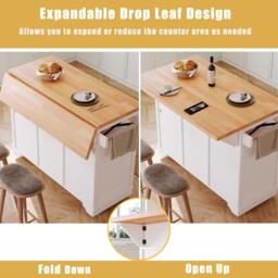 Multifunctional Kitchen Cart with 3 Drawers and 2 Glass-Front Doors, Mobile Kitchen Island with Drop-Leaf Table, 120L x 71W x 98H cm, White - Aosom UK - thumbnail 6