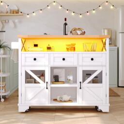 Multifunctional Kitchen Cart with 3 Drawers and 2 Glass-Front Doors, Mobile Kitchen Island with Drop-Leaf Table, 120L x 71W x 98H cm, White - Aosom UK